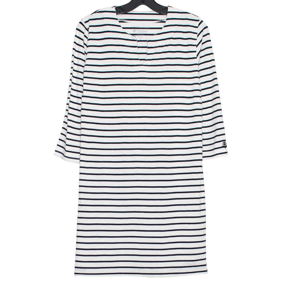 Coolibar Tunic Dress 3/4 Sleeve UPF 50+ Coastal Nautical Stripe White Navy Small